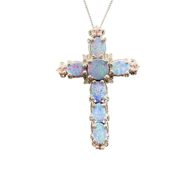 Ethiopian Opal Cross Pendant Necklace Sterling Silver 19 1/2" Chain - Picture 2 of 11